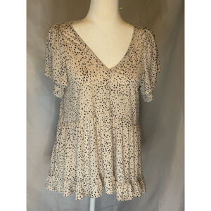 V-Neck Dalmatian Print Babydoll Top Boho Flutter Sleeve Tiered Ruffle Tunic